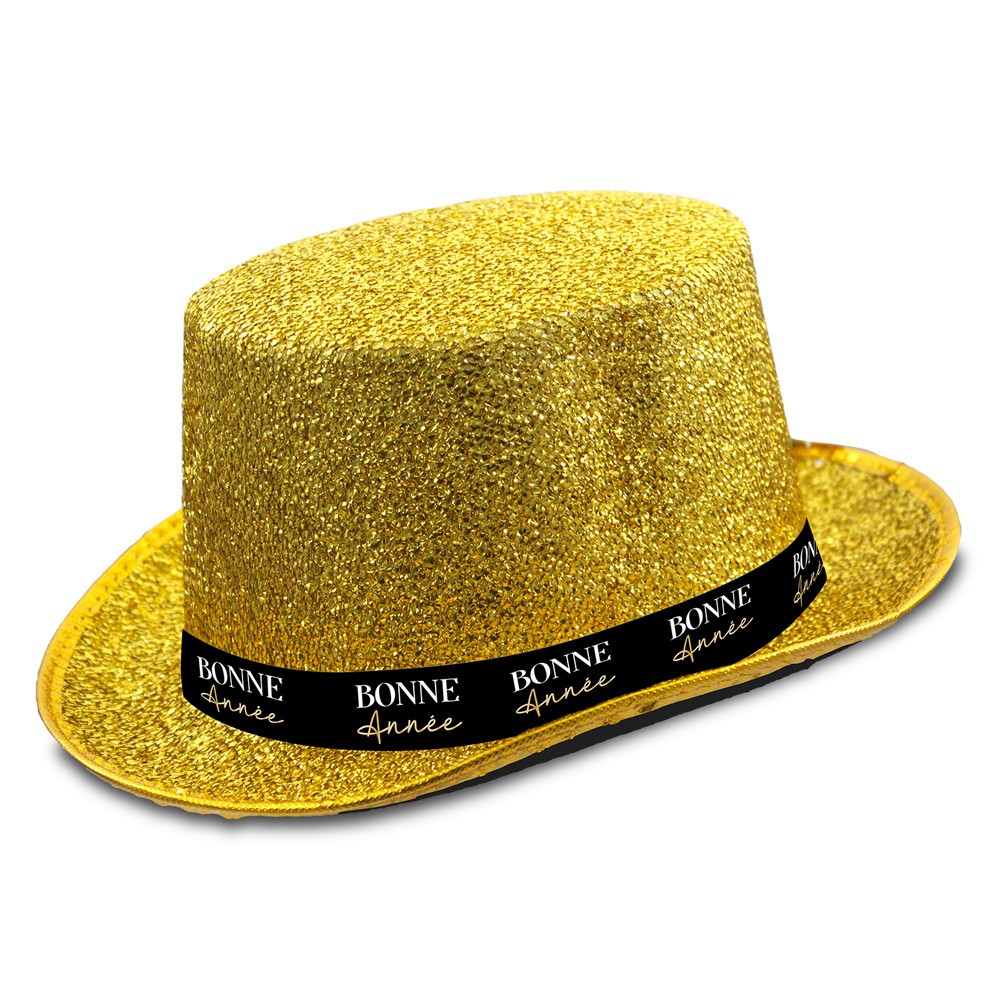 Chapeau haut de forme à sequins doré avec ruban noir adulte