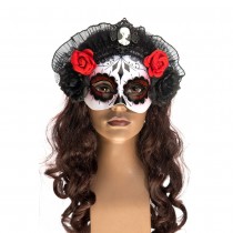 MASQUE CATRINA TETE MORT FLEURS ROUGES NOIRES