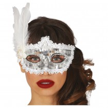 MASQUE PAILLETTES FLEUR PLUMES ARGENT FEMME