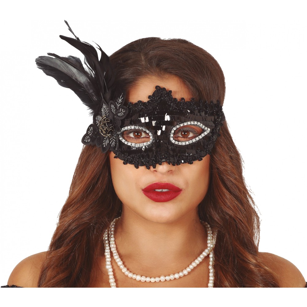 MASQUE PAILLETTES FLEUR PLUMES NOIR FEMME