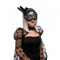 MASQUE TISSU DENTELLE ET PLUME ADULTE NOIR