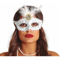 MASQUE VENISE PLUMES PIERRE DENTELLE BLANC FEMME