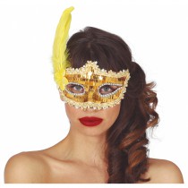 MASQUE VENISE SEQUINS DENTELLE PLUMES JAUNE FEMME