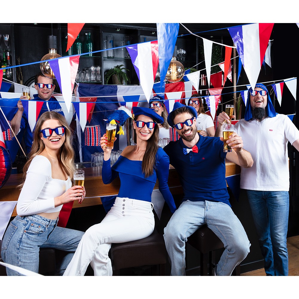 Kit Supporter France Allez les Bleus 7 accessoires : Lunettes, 3 Colliers  Hawaïen Tricolores, 2 Canons à Confettis, 1 Drapeau France 150x90cm