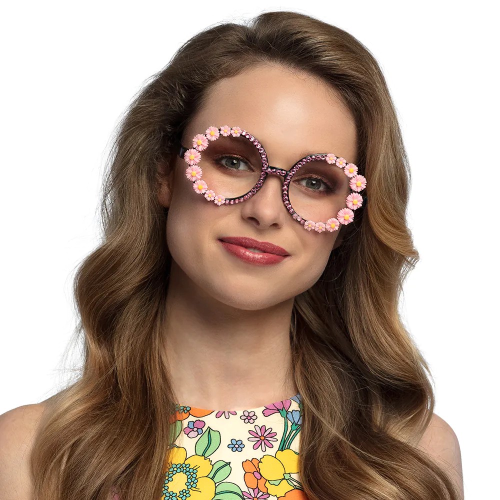 PAIRE DE LUNETTES HIPPIE FLEURS ROSES STRASS FEMME