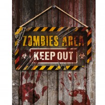 PANCARTE BOIS AVERTISSEMENT ZONE ZOMBIE 35X20CM