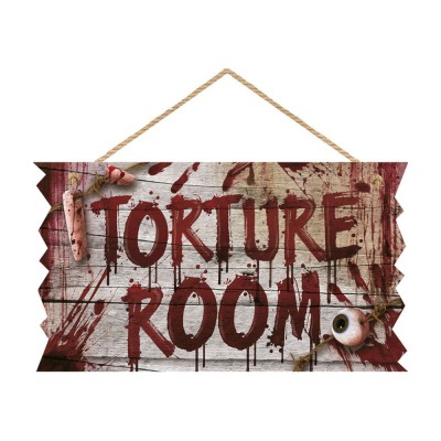 PANCARTE BOIS TORTURE ROOM À SUSPENDRE 35X20CM