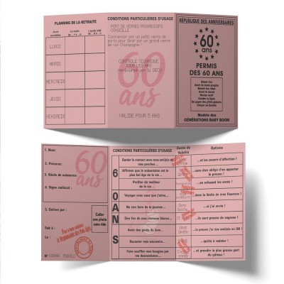 PERMIS ROSE HUMOUR ANNIVERSAIRE 60AINE