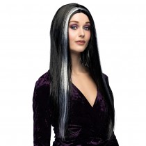 PERRUQUE CHEVEUX LONGS NOIRS MÈCHES BLANCHES FEMME