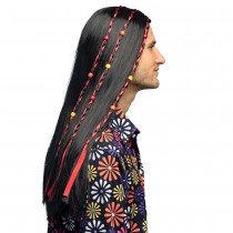 PERRUQUE FLOWER POWER CHEVEUX LONGS NOIR HOMME