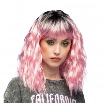 PERRUQUE ROCK ONDULÉ MI-LONG NOIR ROSE FEMME