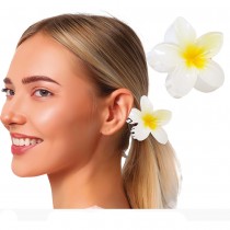 PINCE À CHEVEUX PVC FLEUR HAWAÏ 8CM BLANC-JAUNE