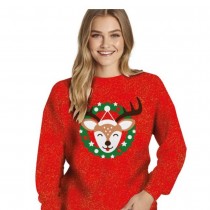 PULL MOCHE NOËL RENNE ROUGE PAILLETÉ FEMME