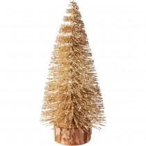 SAPIN NEIGE M&Eacute;TAL BASE RONDIN &Eacute;CORCE 14CM OR