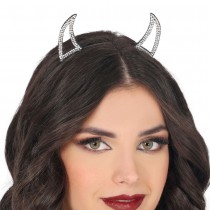 SERRE-TÊTE CORNES DÉMON STRASS ARGENT ADULTE