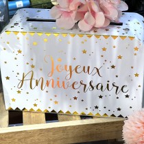 TIRELIRE JOYEUX ANNIVERSAIRE BLANC ET OR
