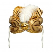 TURBAN ORIENTAL OR CHAINE PERLE PLUME BLANC ADULTE