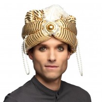 TURBAN ORIENTAL OR CHAINE PERLE PLUME BLANC ADULTE