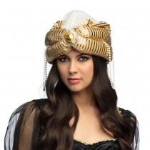 TURBAN ORIENTAL OR CHAINE PERLE PLUME BLANC ADULTE