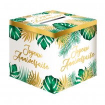 URNE CARTON ANNIVERSAIRE TROPICAL PARTY 20CM VERT