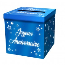 URNE CARTON CAGNOTTE ANNIVERSAIRE 20CM BLEU