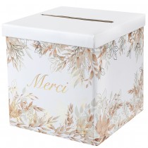 URNE CARTON MERCI FEUILLAGE NATUREL 20CM BLANC